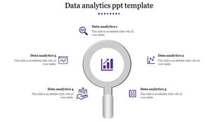 Data analytics template with a central magnifying glass and surrounding icons place with caption areas.