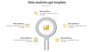Data analytics PowerPoint template with six sections, each represented by icons for data, charts, and analysis tools.