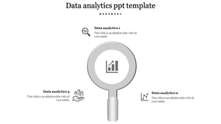 Gray magnifying glass icon in the center with three data analytics sections labeled around it, each with an icon.