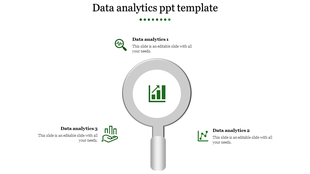 A PowerPoint slide showcasing data analytics with a magnifying glass focusing on statistical charts and icons for analysis.