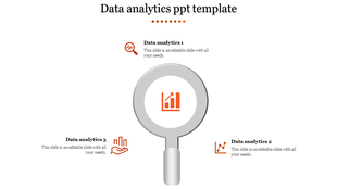 Data analytics layout featuring a central gray magnifying glass and three orange icons linked to labeled sections.