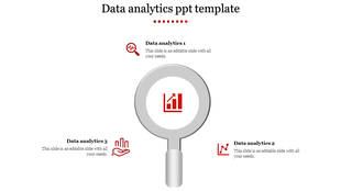 Infographic showing a magnifying glass surrounded by three red data analytics icons and captions areas.