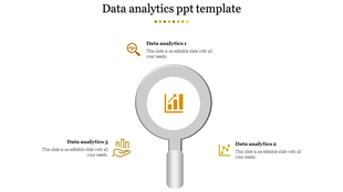 Gray magnifying glass illustration with three yellow icons representing data analytics concepts on a white background.