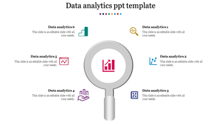 Magnifying glass in the center highlighting a chart, surrounded by six colorful analytics icons and each with caption areas.
