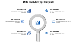 Data analytics template featuring a central magnifying glass and six surrounding icons and caption areas.