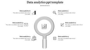 Data analytics PowerPoint template with six sections, each with gray icons representing data, charts, and analytics.