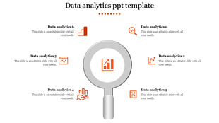 A data analytics slide featuring a magnifying glass icon at the center, surrounded by sections for various analytics topics.