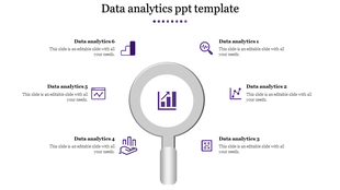 Data analytics template with a magnifying glass in the center and six purple icons arranged around it.