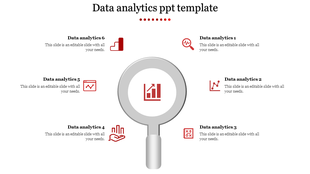 Data analytics PowerPoint template with six sections, each with icons representing data, charts, and analytics.