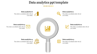 Infographic with a magnifying glass focusing on a yellow chart, with six icons around it on a white background.