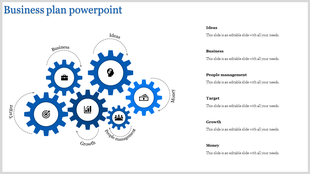 Cluster of six interconnected blue gear icons and captions representing business elements, aligned with text labels.