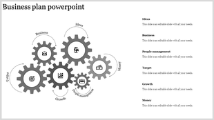 Business plan template featuring gray gears connected by dashed arrows, each gear with relevant icons.