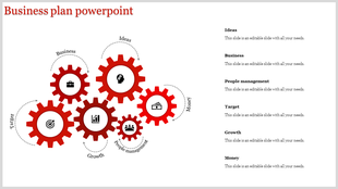 Business plan template with red gears connected by dotted arrows, each gear featuring icons for key concepts.