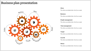 Business plan PowerPoint template with interconnected orange gears representing key business areas with icons.