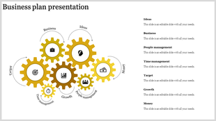 Business plan PowerPoint template with gears representing key business areas like ideas, growth, target, and management.