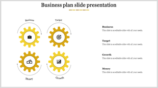 A yellow themed business plan PPT slide featuring gear icons for Business, Target, Money, and Growth, with labeled sections.