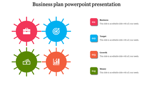 Colorful business plan slide with icons for business, target, growth, and money placed with caption areas for each.