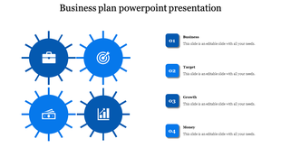 Four blue circles with icons for business, target, growth, and money, with numbered captions on the right.