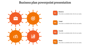 Business plan presentation layout featuring four orange circular icons paired with numbered text boxes on the right.