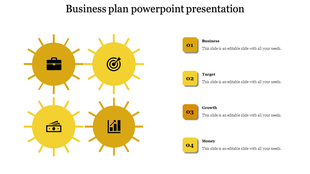 Orange themed business plan layout with icons in circular frames and numbered captions for clear concept representation.