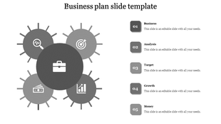 A slide featuring a central gray circle for Business surrounded by four other sections with icons and placeholder text.