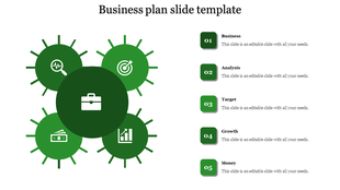 Green circular layout with a central dark green circle surrounded by four smaller green icons, paired with five text boxes.