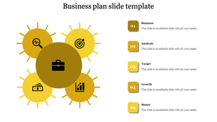 Business plan slide with interconnected yellow nodes for analysis, target, and growth each placed with caption areas.