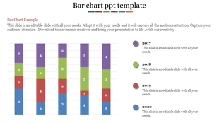 PowerPoint slide with a bar chart showing data for 2017, 2018, 2019, and 2020 in colorful bars.