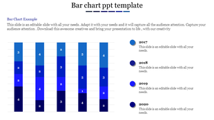 Slide showing a bar chart with values for 2017, 2018, 2019, and 2020, with each year represented in different shades of blue.