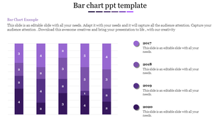 Stacked purple bar chart template with gradient shades representing years, paired with descriptive bullet points.