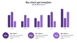 Bar chart slide showcasing yearly data from 2016 to 2021, with three distinct bar categories and values in shades of purple.