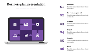 Business slide in purple with laptop displaying puzzle icons and numbered business elements on the right.