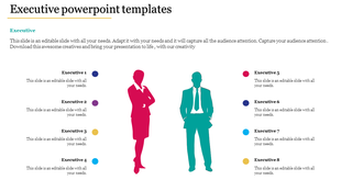 Executive template with pink and teal silhouettes in the center, surrounded by eight labeled sections with text and icons.