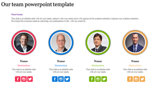 Slide showcasing a team slide featuring four individual profiles, each with space for a name, destination, and icons.