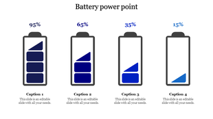 A set of four battery icons with varying levels of charge, displayed with blue color gradients for a PowerPoint slide.