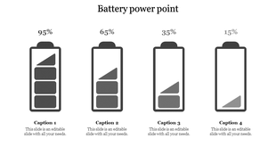 Horizontal layout of four gray batteries displaying decreasing charge levels, each with corresponding captions.