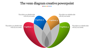 A colorful Venn diagram PowerPoint template with four intersecting sections labeled with captions and placeholder text.
