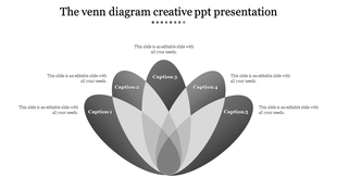 Venn diagram PowerPoint template with five overlapping sections in shades of grey, with placeholder captions.