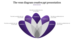 Venn diagram PowerPoint template with five overlapping sections in shades of purple, with placeholder captions.