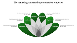 Green petal shaped Venn diagram with six overlapping segments and gray intersections placed with caption areas.