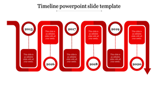A red themed timeline PowerPoint slide featuring the years 2015 to 2020, with text boxes for each year.
