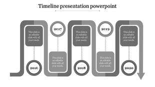 A grey timeline PPT template featuring the years 2016 to 2020 with captions and arrows indicating progression.