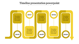 Vertical timeline with curved yellow arrows showing years 2016 to 2020 and caption areas placed in white backdrop.