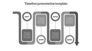 A timeline PowerPoint template featuring years 2017 to 2020 with text sections and grey themed icons for each year.