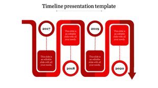 Red themed timeline slide connecting four milestones, with year markers and sections from 2017 to 2020.