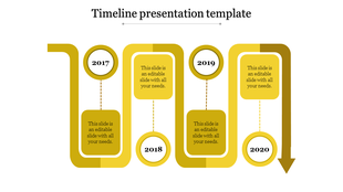 Minimalist yellow timeline with alternating circular nodes and rectangular text areas, connected by dotted lines