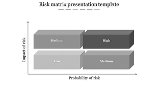 Risk matrix in grayscale with horizontal four 3D blocks displaying risk categories based on impact and probability.