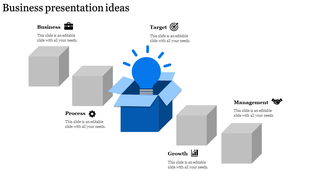 A blue light bulb in a box surrounded by four gray cubes, arranged in a staircase pattern on a white background.
