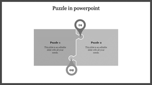 Two step puzzle design with gray blocks and numbered markers for sequential flow placed in a white background.