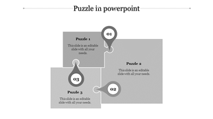 Three step puzzle design with gray blocks and numbered markers for sequential flow with caption areas.